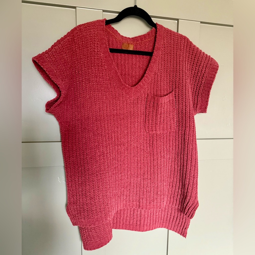 POL Chenille High Low Knit Short Sleeve Sweater in Ginger Size M
